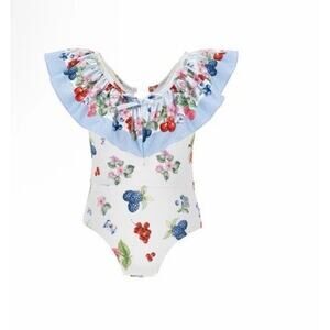 Monnalisa One-piece swimsuit fruits white Ruffle Girls Sz 4 NWT